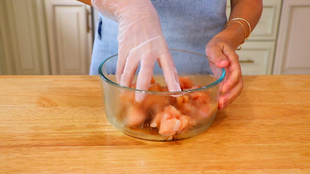 15-Min Chicken Fried Rice 1. Marinate the Chicken