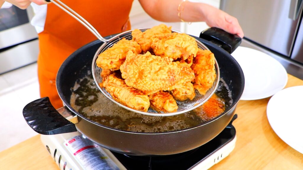 25-Min Soy Garlic Fried Chicken Wings 4. First Fry Done